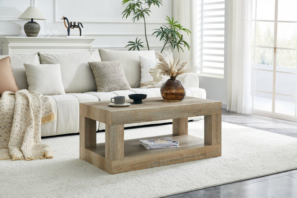 English Elm Modern Two Tier Rectangular Coffee Table with Open Shelf Storage for Living Rooms W3875P389557