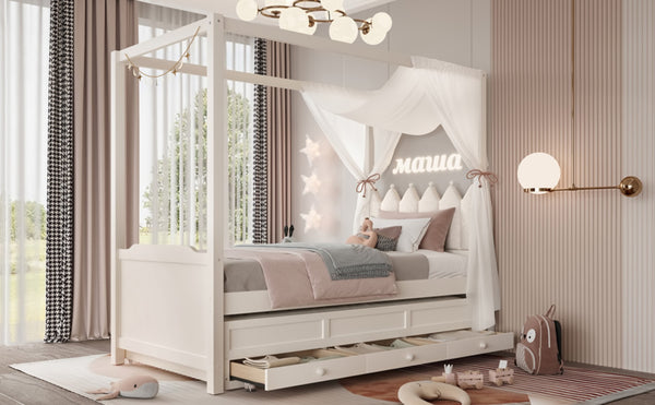 English Elm Full Bunk Bed with Trundle Bookshelf Storage Pine Frame Car Design for Kids W1580S00315