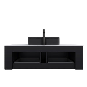 English Elm Dina Floating Bathroom Vanity with Crystal Glass Basin and Sintered Stone Top Black,Carrara White W2615S00185
