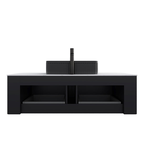English Elm Dina Floating Bathroom Vanity with Crystal Glass Basin and Sintered Stone Top Black,Carrara White W2615S00185