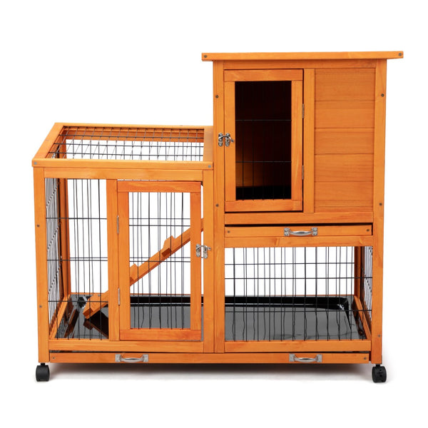 English Elm Detachable Two-tier Pine Rabbit Hutch with Rolling Casters and Removable Waste Trays Orange W2181P190616