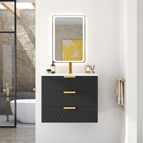 English Elm 24inch Bathroom Vanity with Ceramic Basin Sink, Wall-Mounted Double Drawer Cabinet for Small Baths Black N710P324097B