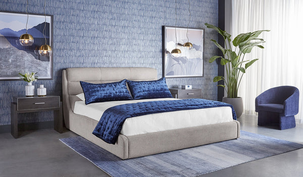 Sunpan Senna Upholstered Bed with Modern Curves and Channel Tufting in Belfast Heather Grey for Comfort King