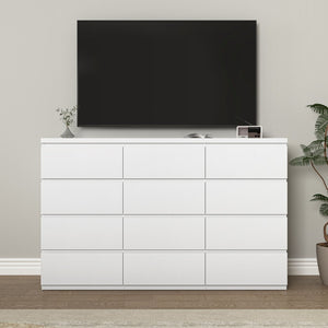 English Elm 12 Drawer Wide Double Dresser Modern Symmetrical Wood Storage Chest for Bedroom W409S00018