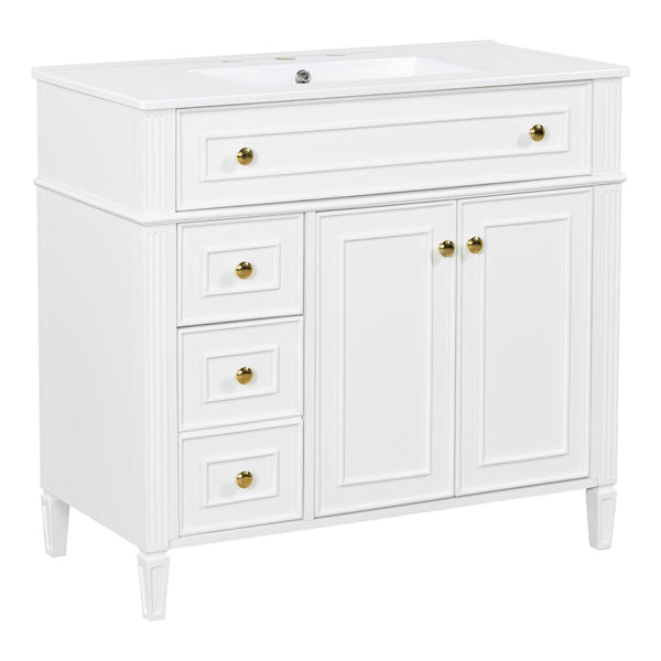 English Elm 36 Inch Freestanding Bathroom Vanity Sage Pine Cabinet Gold Hardware Ceramic Sink White N725P366468K