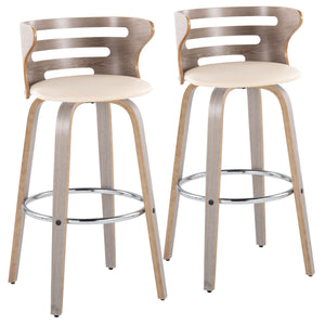English Elm Cosini Mid-Century 30" Swivel Barstools Set of 2 — Cream Faux Leather, Light Grey Wood, Chrome Footrest B202S00514