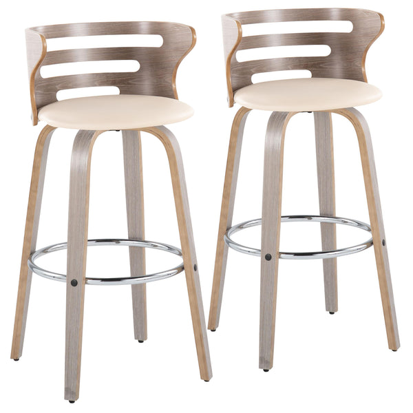 English Elm Cosini Mid-Century 30" Swivel Barstools Set of 2 — Cream Faux Leather, Light Grey Wood, Chrome Footrest B202S00514