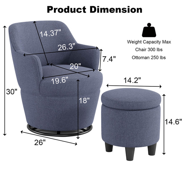 English Elm 360°Swivel Plush Accent Chair with Ottoman, Nail Trim, Storage Tray, Sturdy Metal Base, Cozy Seat Blue W2113P237039