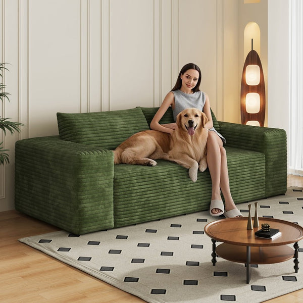 English Elm 78.8" Corduroy Three Seat Sofa Deep Cushioned Low Profile Couch for Modern Living Rooms Green W2824P409858