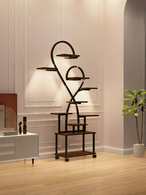 English Elm (Heart Shape) Plant Stand Indoor with LED Grow Lights, Tiered Metal Tree Shelf, Stylish Black/Walnut Decor W2641P323276