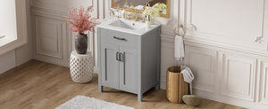 English Elm 24"Bathroom Luxurious Space-Saving Vanity with Ceramic Sink, Solid Wood Frame, Soft-Close Doors and Storage Grey N729P183716E