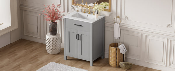 English Elm 24"Bathroom Luxurious Space-Saving Vanity with Ceramic Sink, Solid Wood Frame, Soft-Close Doors and Storage Grey N729P183716E