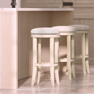 English Elm 31in. Backless Swivel Barstool Solid Wood Curved Legs Upholstered Seat Bar Kitchen Grey+Ivory B2751P436423