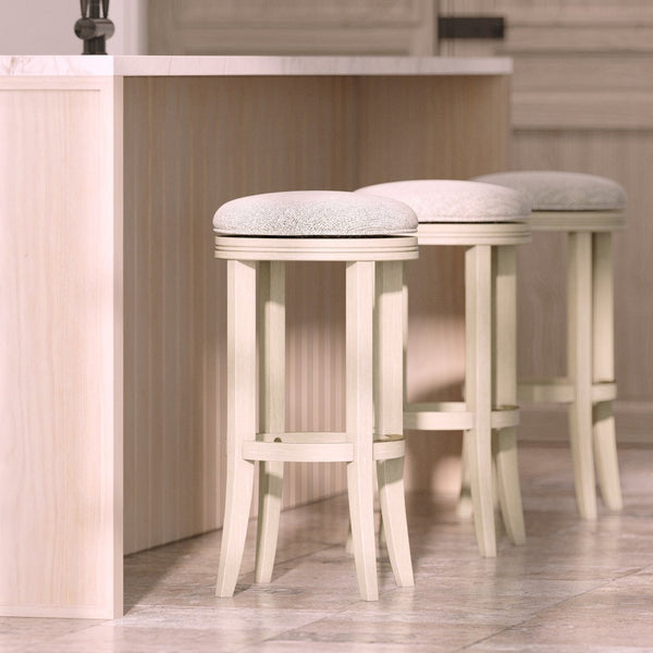English Elm 31in. Backless Swivel Barstool Solid Wood Curved Legs Upholstered Seat Bar Kitchen Grey+Ivory B2751P436423