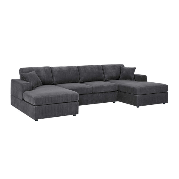 English Elm 3 Corduroy Double-Chaise Sectional Sofa with Removable Covers, Foam Cushions & Minimalist Design Gray B343S00007