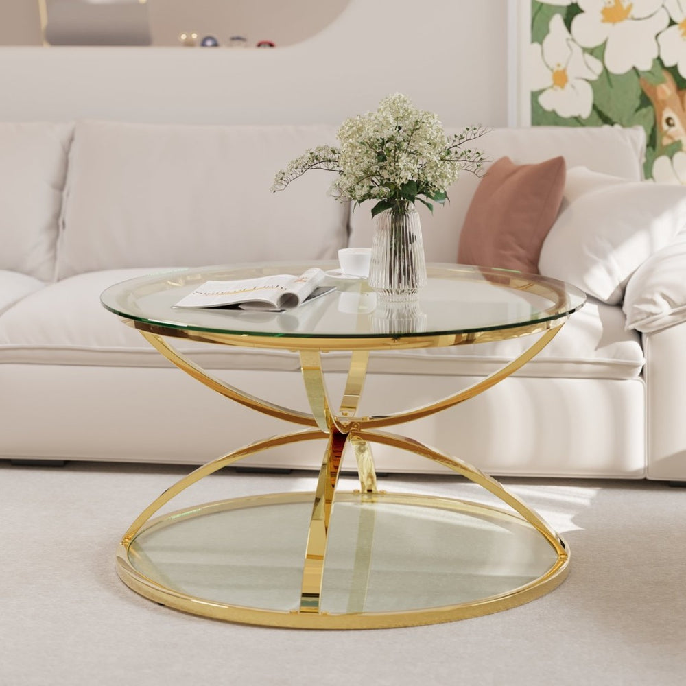 English Elm 31.50'' Round Chrome Ring Glass Coffee Table Two Tier Smoked Tempered Top Modern Living Room W757P412805