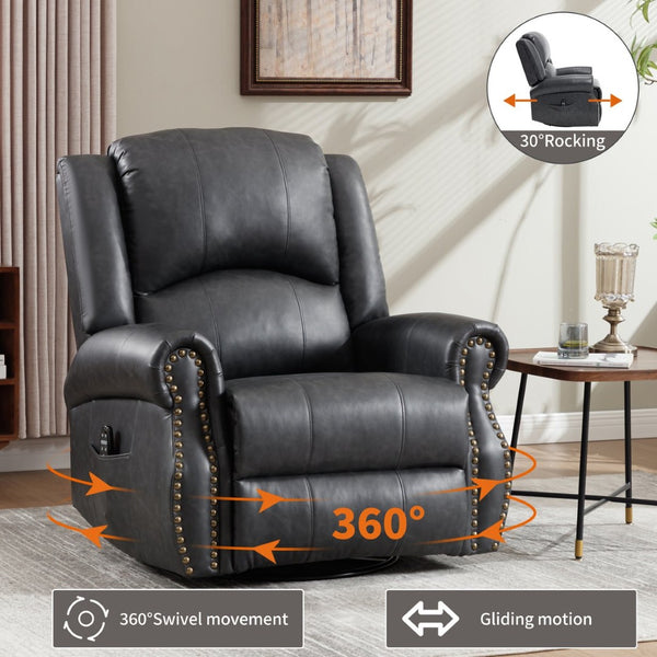 English Elm Heat Massage Rocker Swivel Recliner Chair with Lumbar Relief Nodes for Living Room Grey W3224S00030