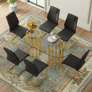 English Elm Table and Chair Set Oval Tempered Glass Top Six Seat Glam Dining with Arched Legs Black+Gold,Transparent W1151S04720