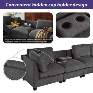 English Elm U-style Upholstered Modular Sofa with Storage Ottoman and Dual Cup Holders, Spacious 5-Seater Comfort Grey WY000414AAE