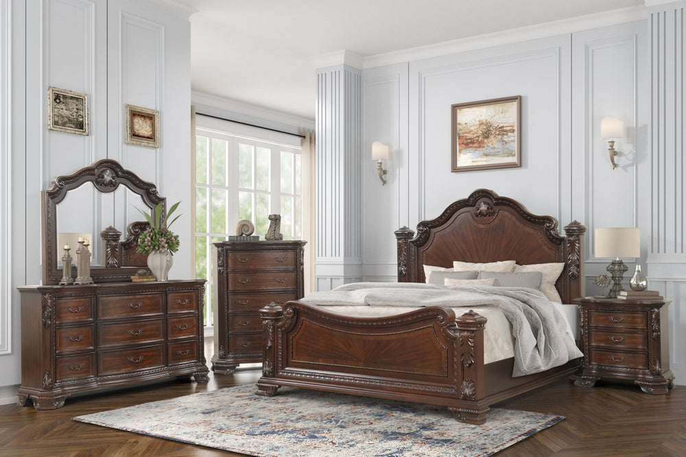 English Elm Traditional Vintage Queen Bed with Intricate Wood Carvings, High Headboard, Warm Walnut Finish, Box Spring Required B009S01347