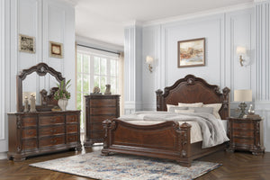 English Elm Traditional Vintage Queen Bed with Intricate Wood Carvings, High Headboard, Warm Walnut Finish, Box Spring Required B009S01347