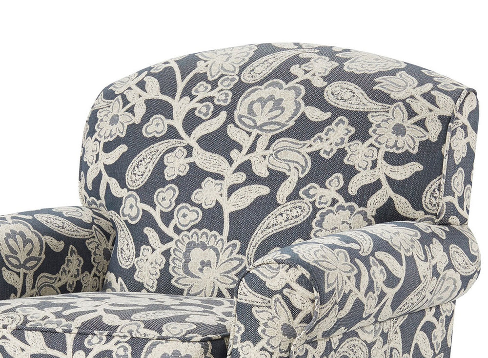 English Elm Floral Upholstered Armchair with Blue-White Contrast Floral Pattern, Welt Cord Trim, Vintage Chic B2741P376934