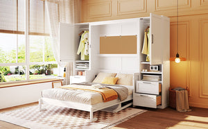 English Elm Full Size Murphy Wall Bed with Wardrobe Drawers and Shelves for Studio Spaces LP000908AAK-1