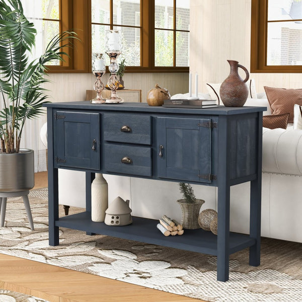 English Elm 46'' Solid Pine Retro Buffet Server with Iron Hardware Drawers Cabinets and Open Shelf Navy Blue W1202P457252