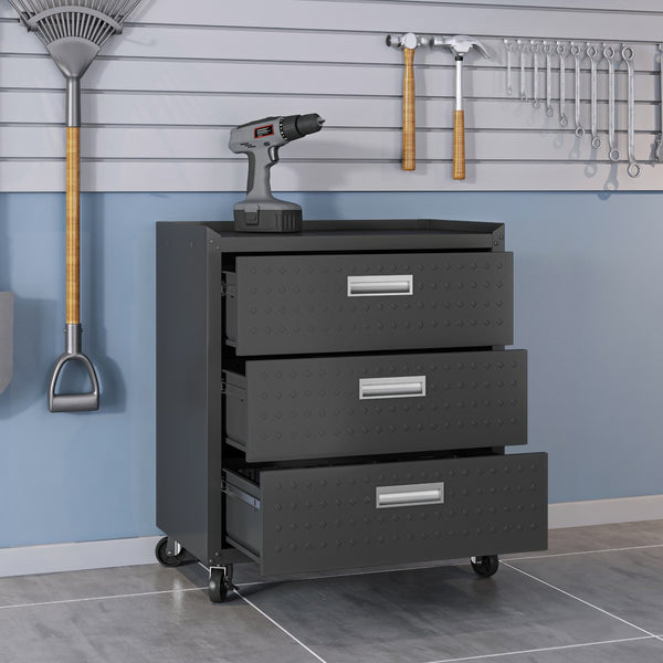 English Elm Rolling Metal Garage Cabinet with Locking Doors Diamond Texture Industrial Storage Charcoal Grey B365P398219