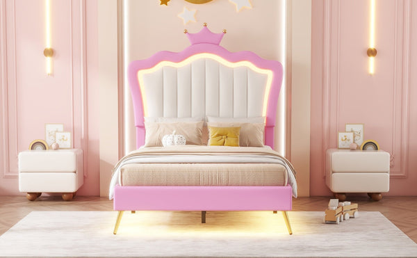 English Elm Twin Size Upholstered Bed Frame With Crown Headboard & Led Lights - Modern Pink & White Princess Style W2770P190377-GIGA