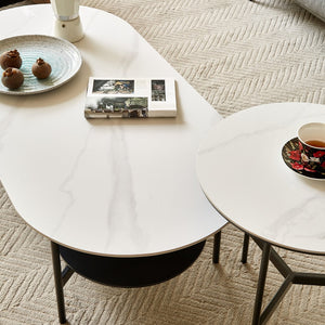 English Elm Coffee ceramic coffee table with sintered stone top, walnut shelf & steel frame for modern rooms W1911P194980