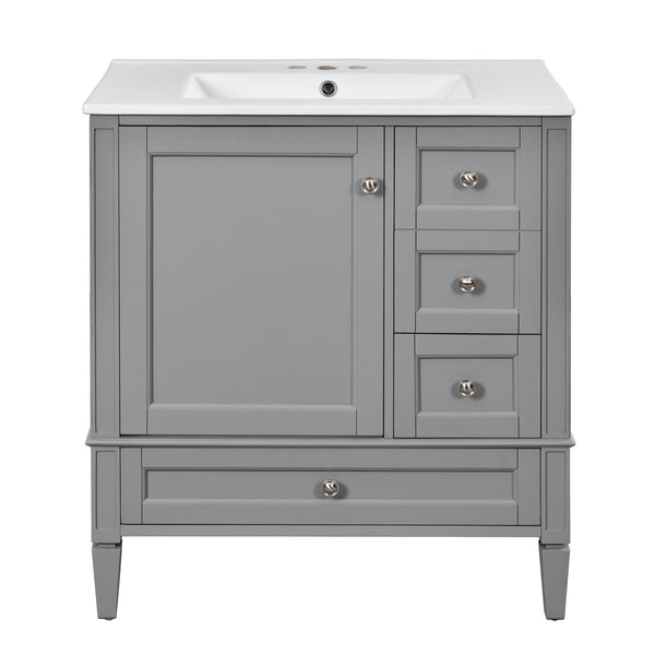English Elm 30 30 Inch Bathroom Vanity with Ceramic Sink, Modern Compact 3-Drawer Storage Cabinet for Small Baths Grey N710P247499E