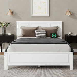 English Elm Queen Pinewood Platform Bed Farmhouse Tall Panel Headboard with Led Lighting and Usb Ports White W504P391091