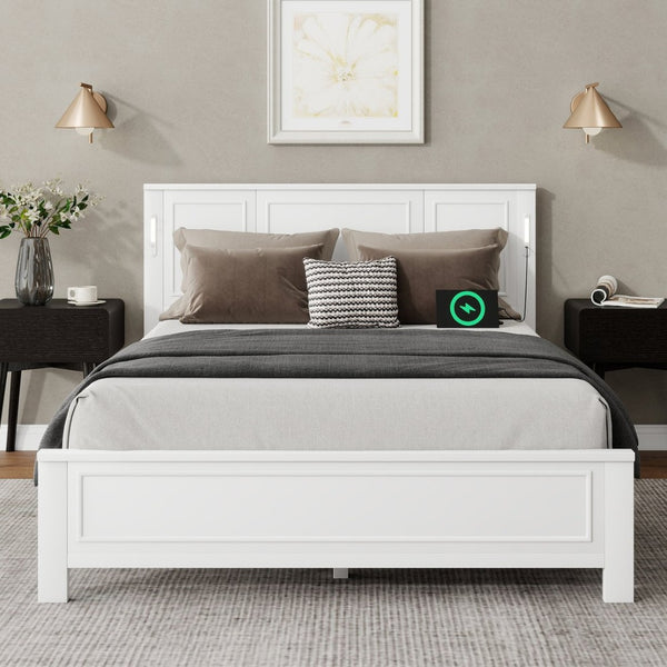 English Elm Queen Pinewood Platform Bed Farmhouse Tall Panel Headboard with Led Lighting and Usb Ports White W504P391091