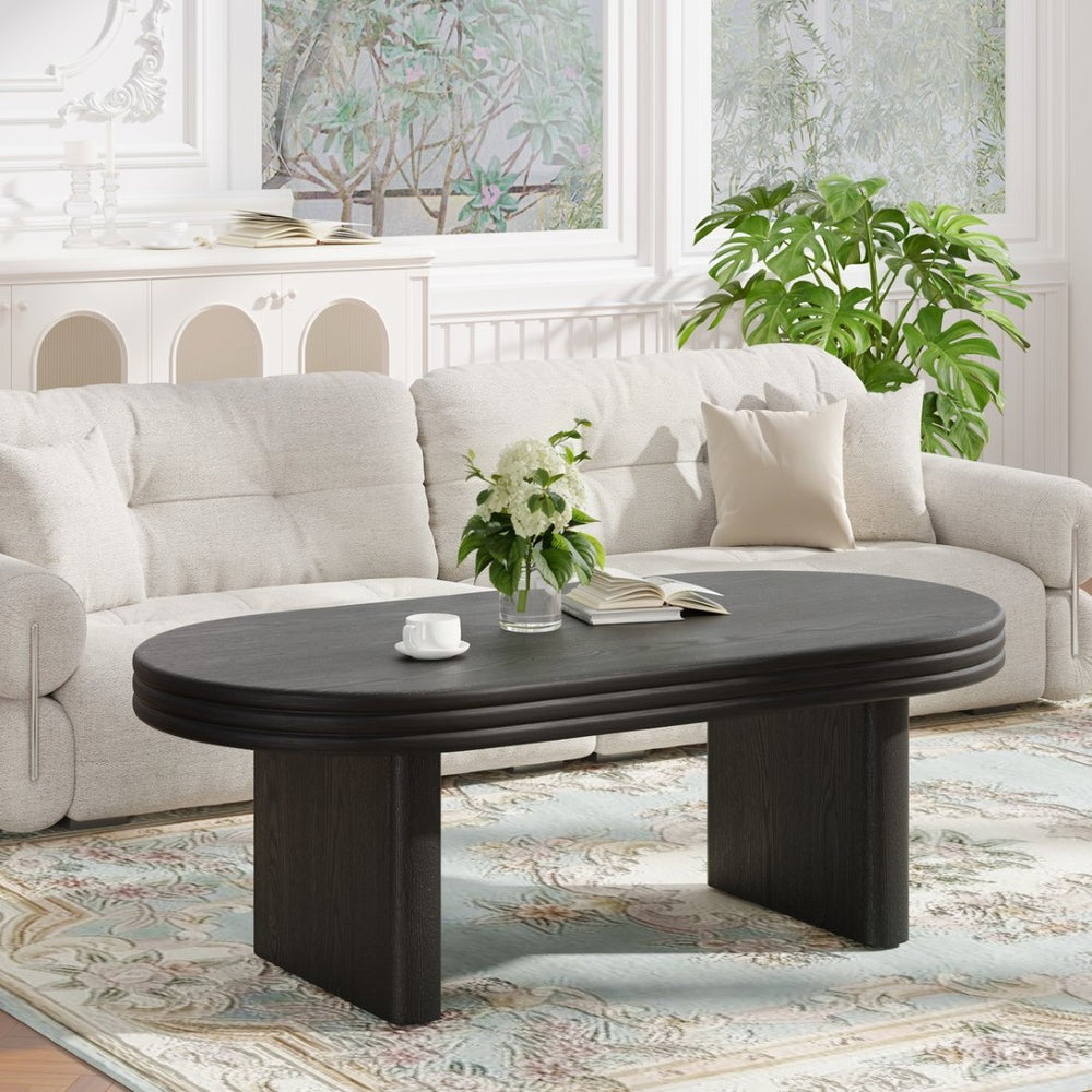 English Elm Mid Century Modern Oval Fluted Coffee Table with Wood Veneer for Living Room Black W757P370255