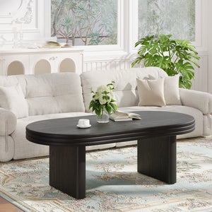 English Elm Mid Century Modern Oval Fluted Coffee Table with Wood Veneer for Living Room Black W757P370255