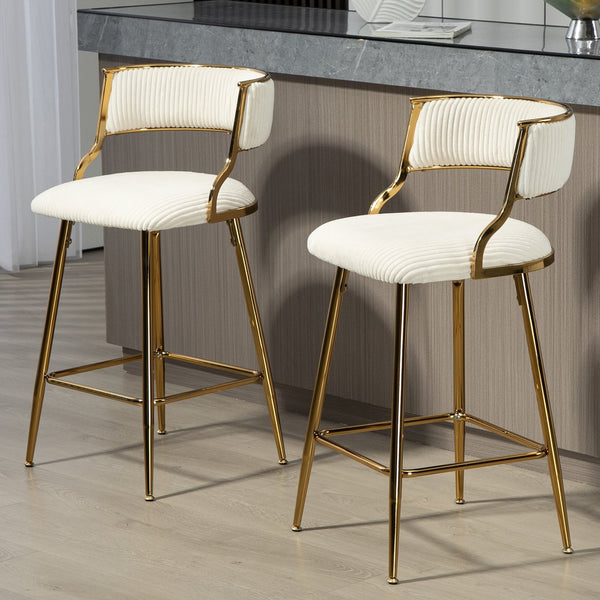 English Elm (SET of 2) 26" Counter Bar Stools Corduroy Beige with Backrest, Gold Chrome Base & Footrest, Plush Seat W2215P195291
