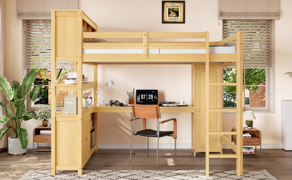 English Elm Full Size Pine Loft Bed House Frame with Slide Bookshelves and Moon Star Rails W1580S00163