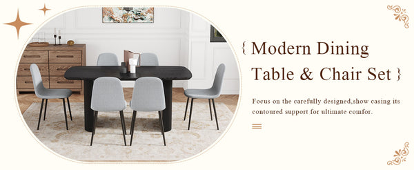 English Elm Table Dining Set - 67” Black Wood Grain Table With 6 Light Gray Linen-Cotton Chairs For Modern Homes W1151S04158-GIGA