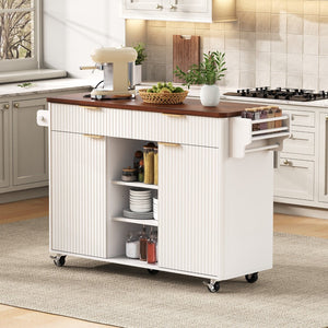 English Elm K&k Fluted Rolling Kitchen Island Faux Marble Top Power Outlet Drop Leaf Storage White N707S000019W