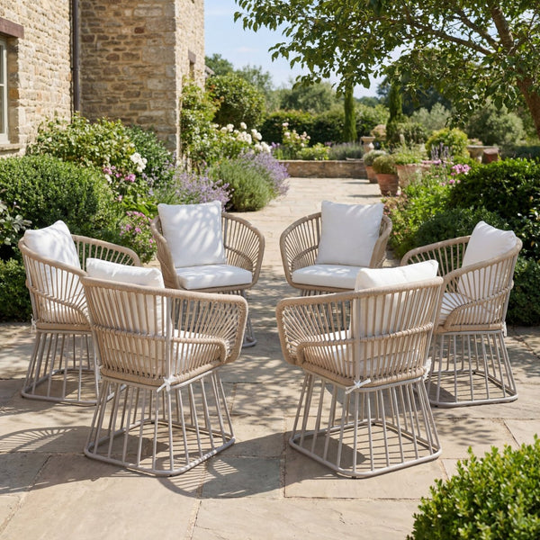 English Elm Outdoor Wicker Dining Chair with Fan Back Teak Finish Steel Frame and Cushion Included N770P385227B
