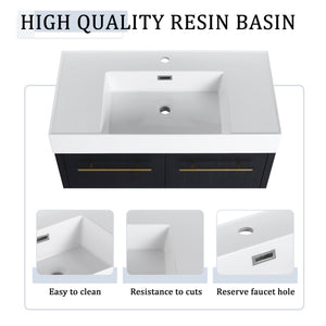 English Elm 36 Inch Wall-Mounted Bathroom Vanity Set With Thick Resin Sink, Storage Rack & Soft-Close Hinges W999S00369