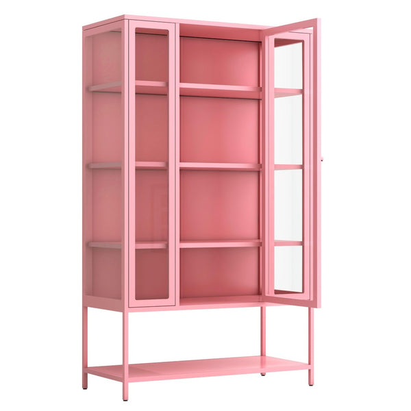 English Elm 67.25'' Tall Steel Curio Cabinet with Led Lighting and Tempered Glass Panels Pink SN845P263995P