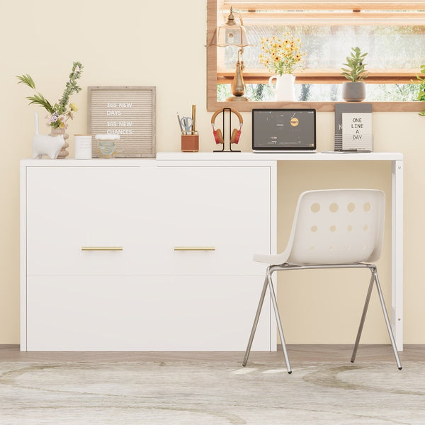 English Elm Twin Size Murphy Chest Bed With Foldable Cushion & Adjustable Desk - Space-Saving White Dresser Unit N733P272603W-GIGA