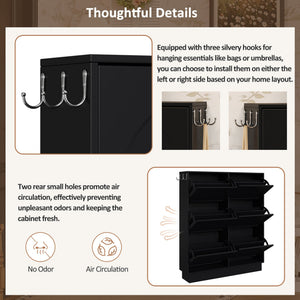 English Elm Modern Narrow Tipping Shoe Cabinet with 6 Flip Drawers, Slim 9.45" Space-Saving Cream Organizer with Hooks and Adjustable Shelves for Entryway (Fits 12–24 Pairs) Black N721P288699B
