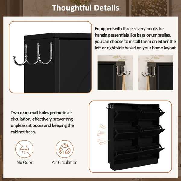 English Elm Modern Narrow Tipping Shoe Cabinet with 6 Flip Drawers, Slim 9.45" Space-Saving Cream Organizer with Hooks and Adjustable Shelves for Entryway (Fits 12–24 Pairs) Black N721P288699B