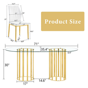 English Elm Table and Chair Set Oval Tempered Glass Top with Gold Base Glam Dining Room 7 Piece Transparent,White+Gold W1151S04728