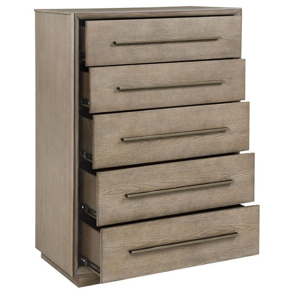 English Elm Prescott Taupe Oak Grain 5 Drawer Chest with Mitered Trim and Modern Bar Pulls B062P441125