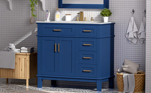 English Elm 36" Blue Modern Bathroom Vanity with Ceramic Sink, Solid Wood+MDF, Soft-Close Doors, 4 Drawers, Compact Elegance for Small Spaces N729P253935C