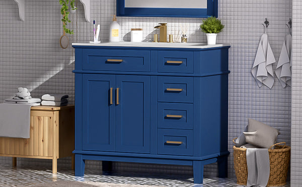 English Elm 36" Blue Modern Bathroom Vanity with Ceramic Sink, Solid Wood+MDF, Soft-Close Doors, 4 Drawers, Compact Elegance for Small Spaces N729P253935C